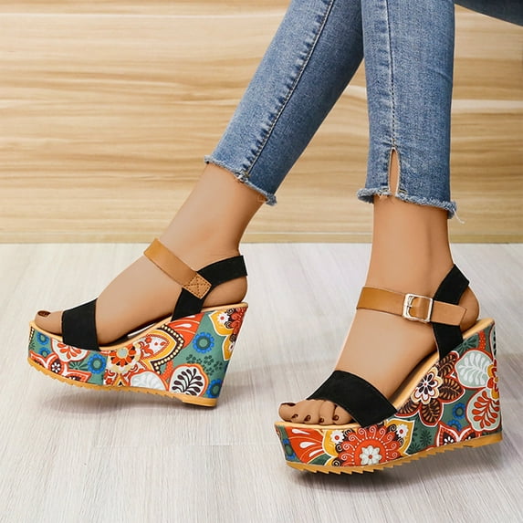 AXXD Black Sandals for Women Clearance Under $10 New Summer Thick Sole Shoes One Button Peep-toe Sandals