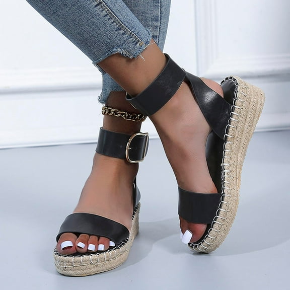 AXXD Black Sandals for Women Clearance Under $10 Summer Ladies Shoes Slope Heel Thick Soled Straw Woven Metal Buckle Sandals