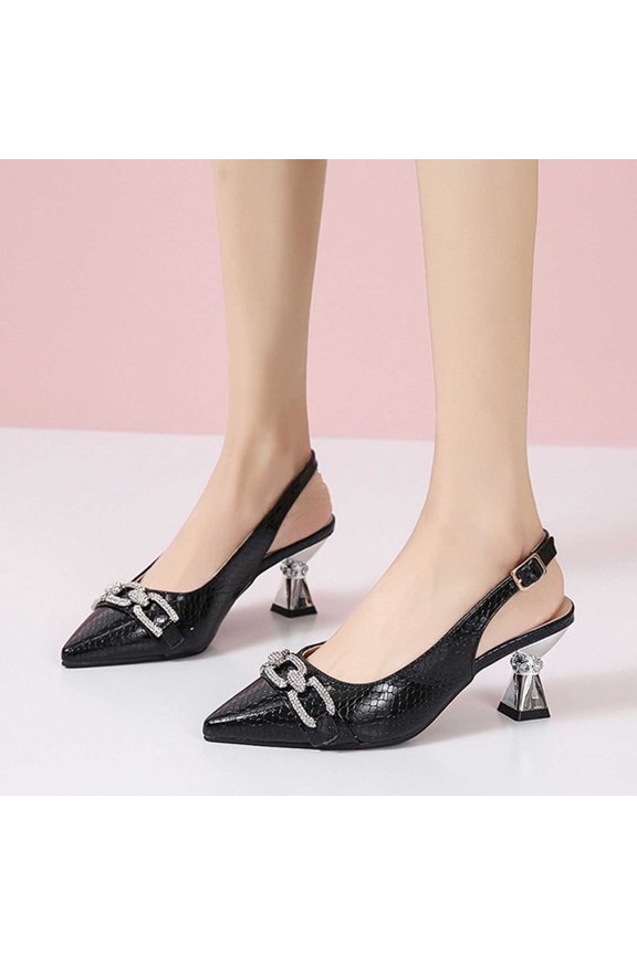 Black Sandals for Women Clearance Under $10 Summer New Large Size French Bun Head Fine Heel Pointed Back Trip With Rhinestone High Heel Sandals