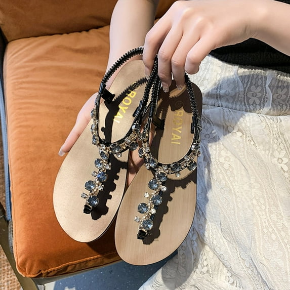 AXXD Black Sandals for Women Clearance Under $10 Summer Shoes Beach Flat Solid Color Clip Toe Rhinestone Sandals Shoes