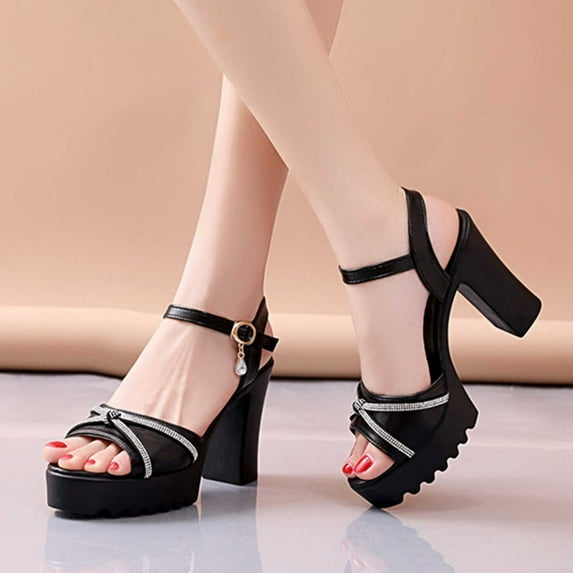 AXXD Black Sandals for Women New Summer Chunky Fish Mouth Rhinestone Sandals High-heeled Sandals