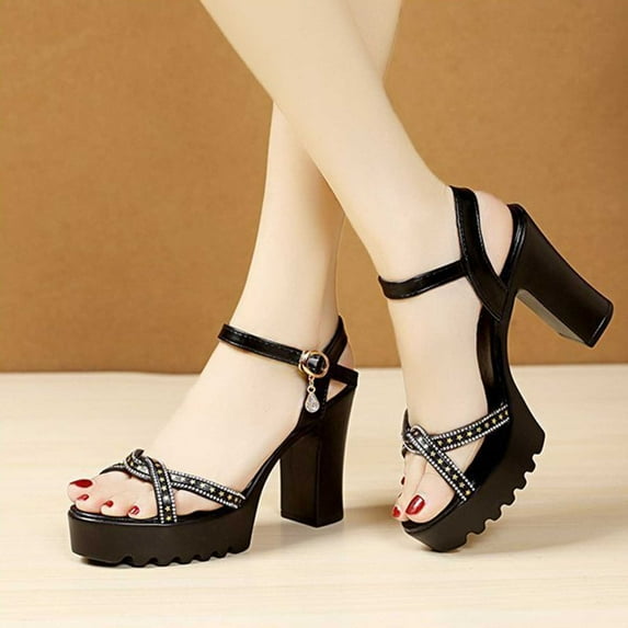 AXXD Black Sandals for Women New Summer Chunky Heels Rhinestone Strappy Heels With One-line Buckle Sandals