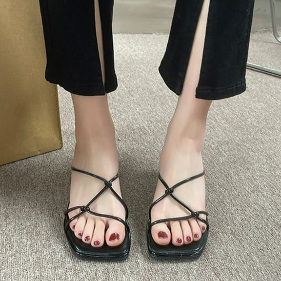AXXD Black Sandals for Women New Summer Square Headed Shoes With Hollow Out Thin Heels And External Sandals
