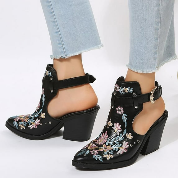 AXXD Black Sandals for Women Summer Ladies Shoes Embroidered High Heel Closed Toe Sandals Casual Sandals