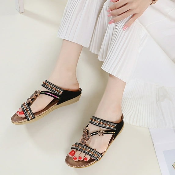 AXXD Black Sandals for Women Summer New Floral Rhinestone Flat Toe Over Boho Sandals Casual Beach