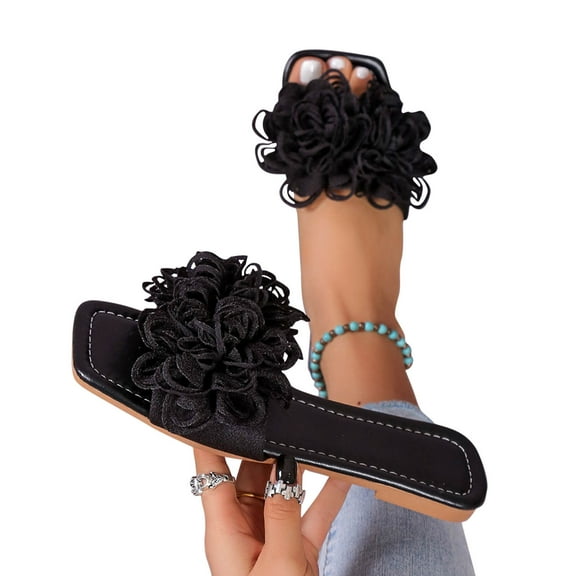 AXXD Black Slide Sandals for Women Flower Sandals Rectangular Open Toe Solid Color Flat Daily Summer Beach Slides