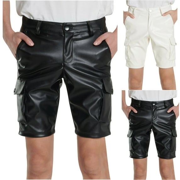 AXXD Black Summer Shorts For Men Men's Faux Leather Shorts with Pocket Casual Pure Color Beach Cargo Shorts Clearance