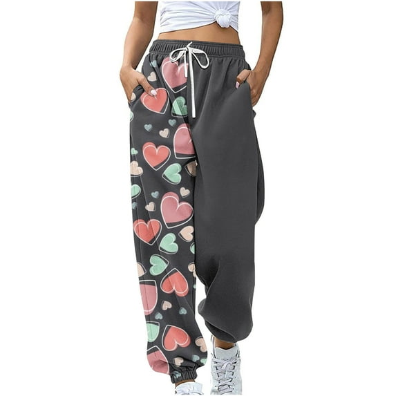 AXXD Black Sweatpants for Women Clearance Summer Workout Pocket Loose Pants Sports Pants Drawstring Valentine's Day Printed Pants Casual Pants Mother's Day
