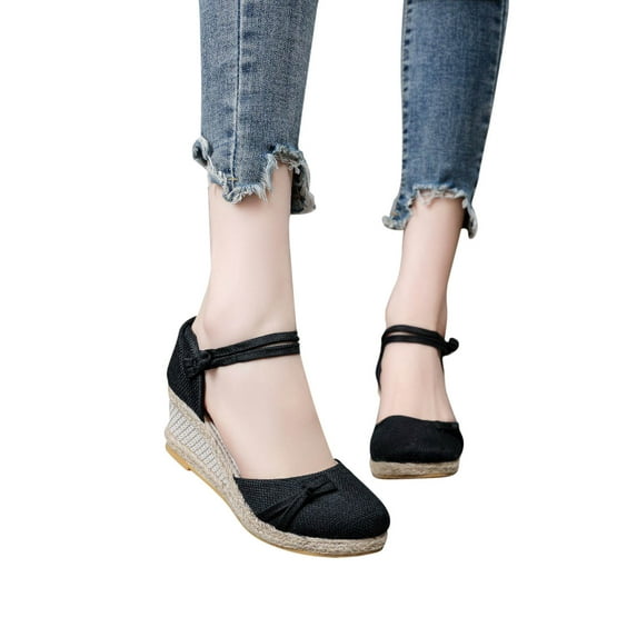 AXXD Black Wedge Sandals for Women 6.5 Knitted Round Toe Bow Sandals High Heel Summer Casual Baotou Back Empty Sandals