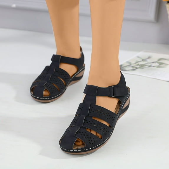 AXXD Black Wedge Sandals for Women 6.5 Sandals With Arch Support Summer Casual Comfortable Sandals