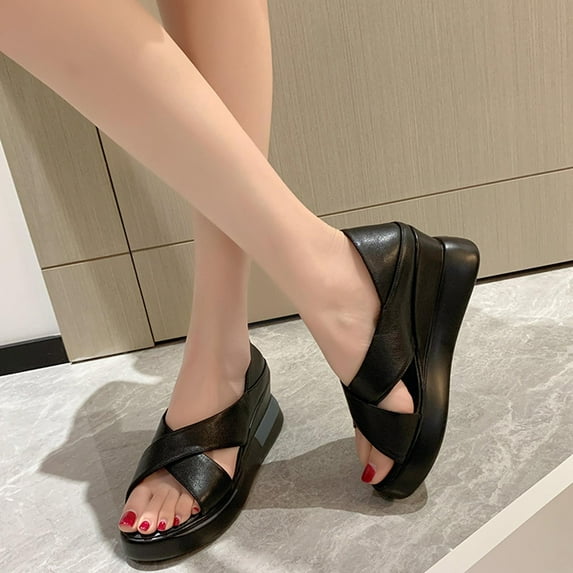 AXXD Black Wedge Sandals for Women 7.5 Summer Ladies Shoes Casual Flat Sandals Heels Sandals