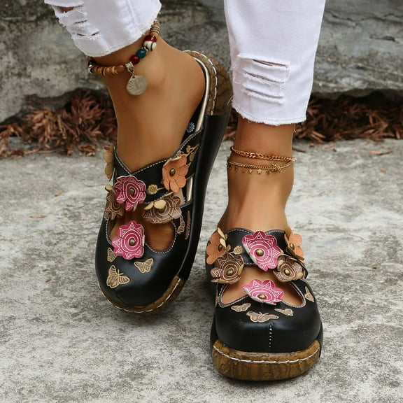AXXD Black Wedge Sandals for Women 9 Summer Retro Dimensional Flower Material Stitching Sandals Vintage Shoes