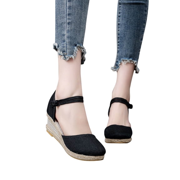 AXXD Black Wedge Sandals for Women Knitted Round Toe Baotou Cloth Shoes Sandals High Heel Summer Casual