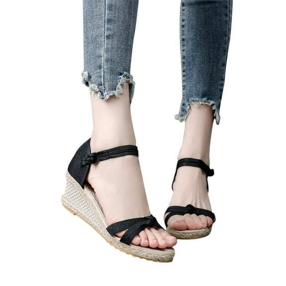 AXXD Black Wedge Sandals for Women New Knitted Round Toe Bow Knot Fish Mouth Sandals High Heel Summer Casual