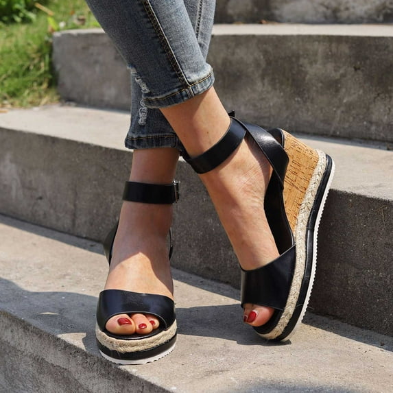 AXXD Black Wedge Sandals for Women Plus-size Summer Vintage Casual Fish Mouth One-line Buckle Sandals