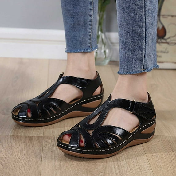 AXXD Black Wedge Sandals for Women Sandals With Arch Support Summer Casual Comfortable Hollowed Out Sandals
