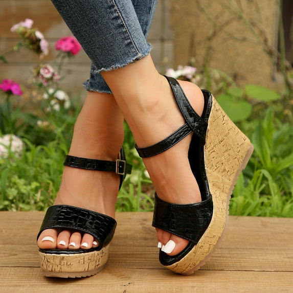 AXXD Black Wedge Sandals for Women Summer Casual Round Head Heel Comfy Sandals Beach Casual Shoes
