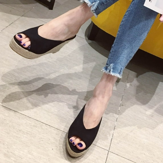 AXXD Black Wedge Sandals for Women Summer One-line Heel Sandals Suede Solid Color Woven For Women