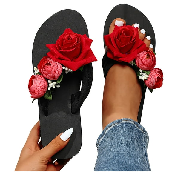 AXXD Black Wedge Sandals for Women Summer Shoes Casual Round Toe Heel Floral Beach Sandals