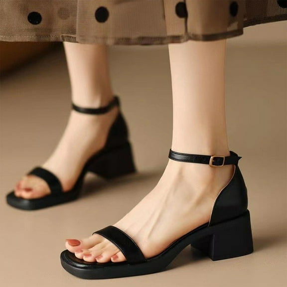AXXD Black Work Sandals for Women Office Leather Summer Trendy Ankle Strap Mothers Day