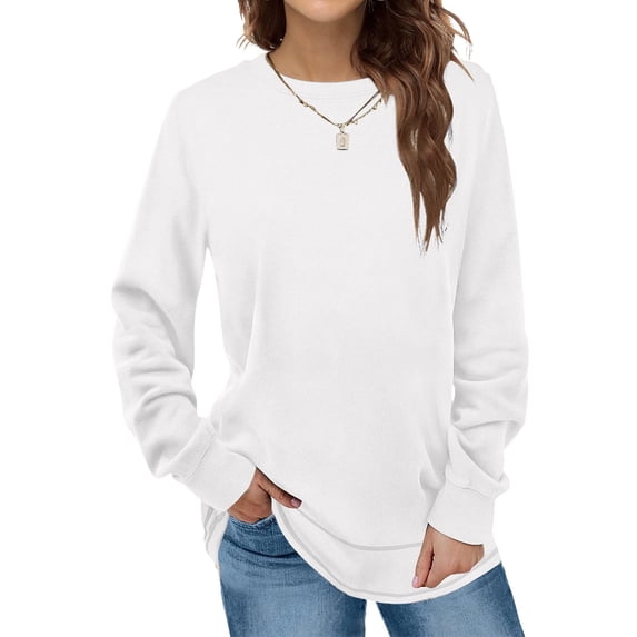 AXXD Women's T-Shirts Blouses for Lady Loose Solid Long Sleeves Crew Neck Womens T Shirts Plus Size White 4