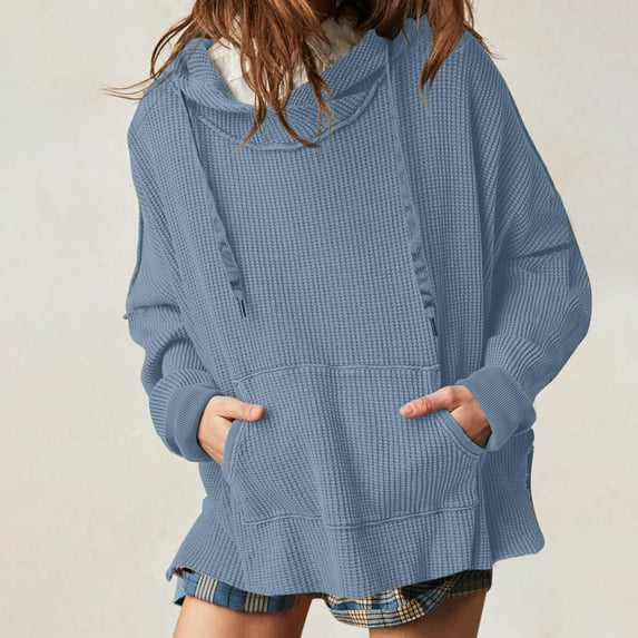 AXXD Blue Basic Blouses for Women Business Casual Summer 2024 Loose Fitting Hoodie Solid Color Hoodie Long Sleeved Jacket Top
