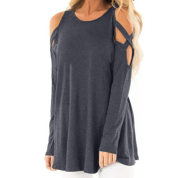 AXXD Blue Basic Dressy Tops for Women Summer 2024 Temperament Solid Color Long Sleeved Off Shoulder Hollowed Out Top