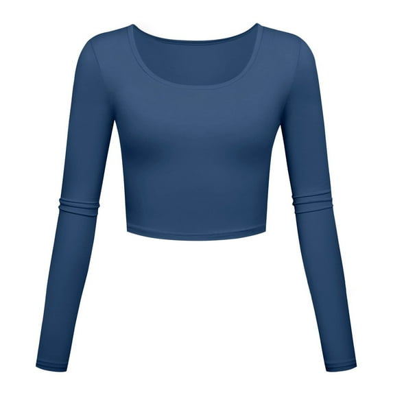 AXXD Blue Basic Fashion Tops for Women Trendy Summer 2024 Workout Crop Comfortable Solid Color Tight Long Sleeve Round Neck Underlay Tops