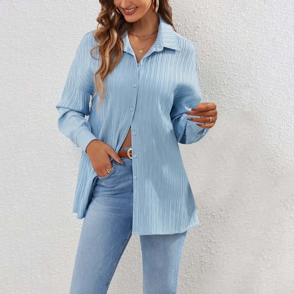 AXXD Blue Basic Going Out Tops for Women Summer 2024 Lapel Solid Color Trendy Casual Loose Fitting Long Sleeved Shirt