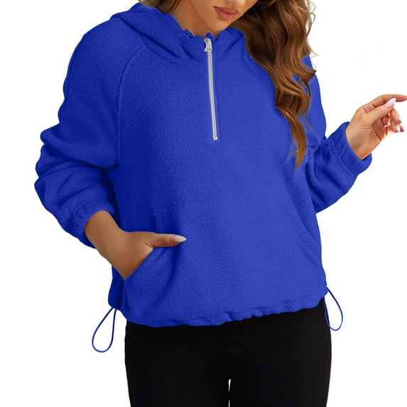 AXXD Blue Basic Hawaiian Shirts for Women Summer 2024 Crop Tops Loose Half Zipper Hooded Sweatshirts Long Sleeve Cropped Hoodie Winter Warm Pullover Tops