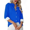 thumbnail image 1 of AXXD Blue Basic Oversized Shirts for Women Summer 2024 Solid Color Casual Everyday Single-breasted Long-sleeved Shirt Tops, 1 of 5