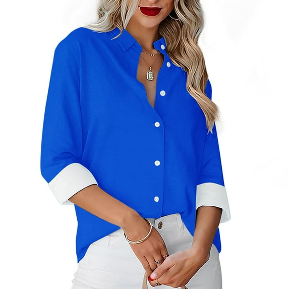 AXXD Blue Basic Oversized Shirts for Women Summer 2024 Solid Color Casual Everyday Single-breasted Long-sleeved Shirt Tops