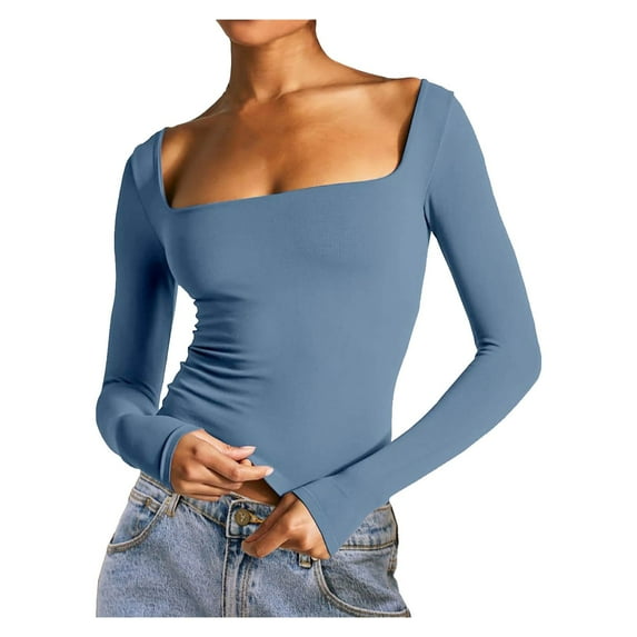 AXXD Blue Basic Sexy Shirts for Women Summer 2024 Long-Sleeved Solid Color Navel-Baring Neck T-Shirt Bottoming Top
