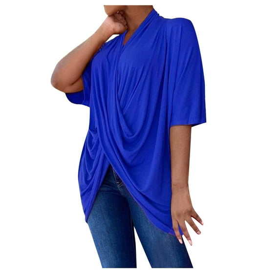 AXXD Blue Basic Spring Tops for Women 2024 Oversized Summer Trendy Solid Color Short Sleeve Round Neck Loose Casual Top