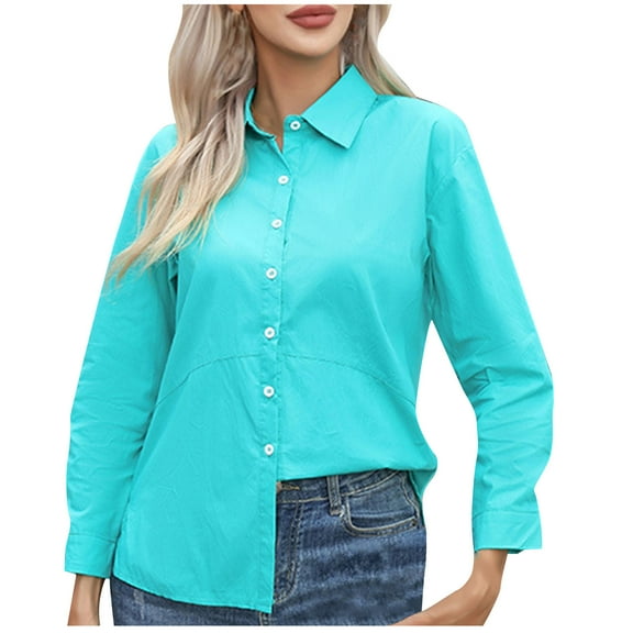 AXXD Blue Basic Summer Shirts for Women 2024 Trendy Solid T-shirt Long Sleeves Blouse V-Neck Casual Tops