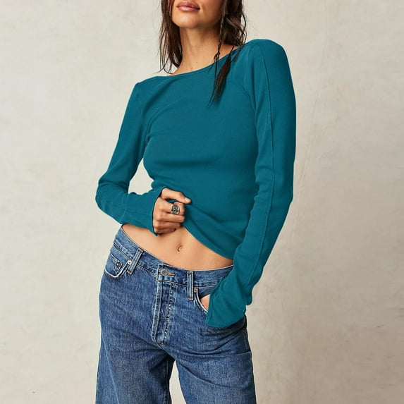 AXXD Blue Basic Summer Tops for Women 2024 2024 Solid Color Sexy Solid Color Long Sleeved Round Neck Leaky Back Threaded T-shirt Backless Top