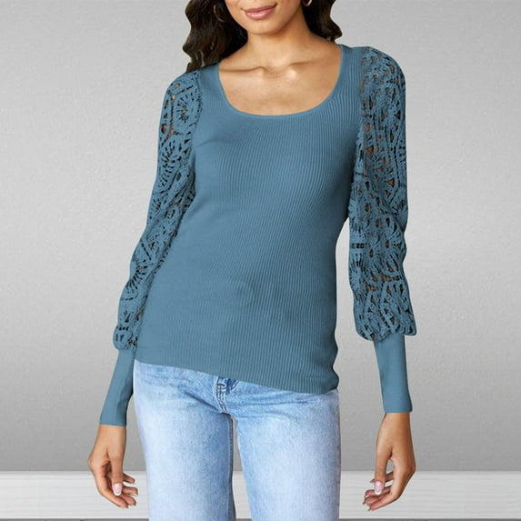 AXXD Blue Basic Summer Tops for Women 2024 Lace Trendy Round-Neck Long Sleeve Casual T-shirt Top Solid Blouse