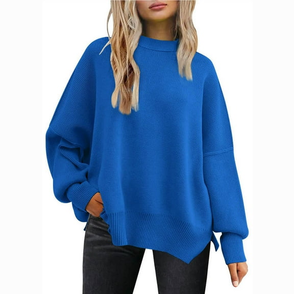 AXXD Blue Basic T-Shirts for Women Summer 2024 Loose Comfortable New Long-sleeved Round-neck Knitwear Color Vent Insert Blouses