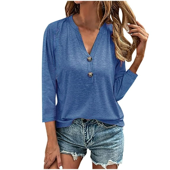 AXXD Blue Plus Size Fashion Tops for Women Trendy Summer 2024 V-Neck Button Casual Solid Color Long Sleeve T-shirt Top Long Sleeve V-Neck Shirt Blouse