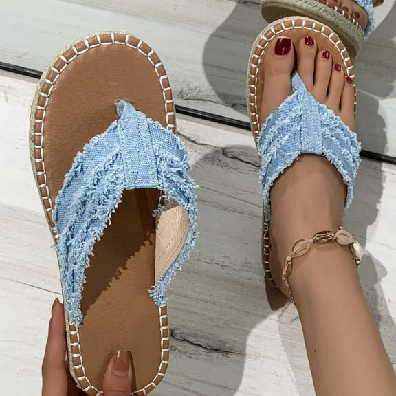 AXXD Blue Sandals Women Beach Summer Flat Large Flat Flat Solid Color Line Sandals Mothers Day