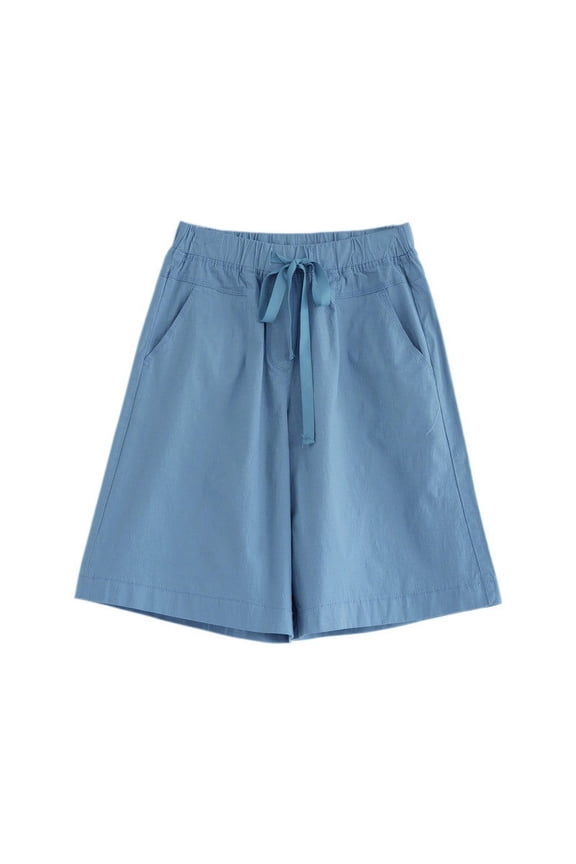 Blue Swim Shorts Lady Summer Elastic Waist Double Pocket Wide Leg Shorts Straight Leg Pants Fifth Pants Mother's Day