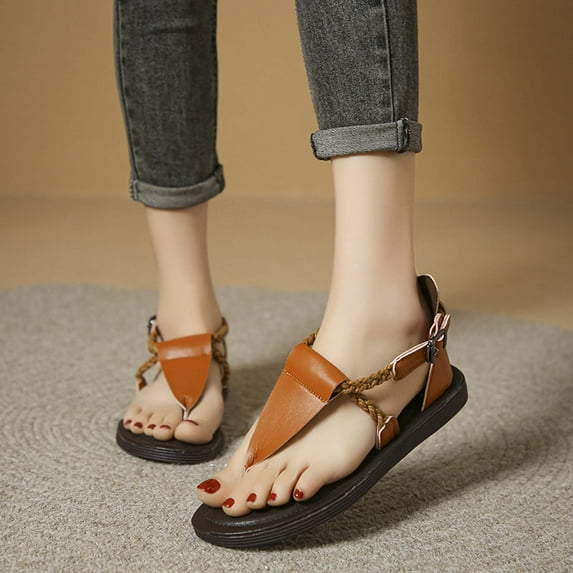 AXXD Brown Sandals for Women 7 Summer Casual Boho Sandals Retro Flip Flops Flat Bottom Boho Sandals