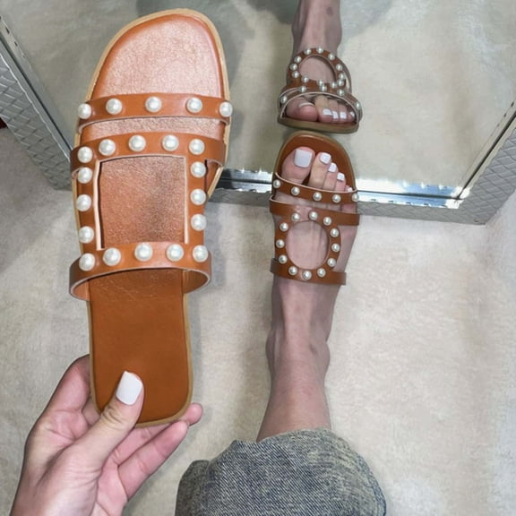 AXXD Brown Sandals for Women 7 Summer New Solid Color Pearl Decoration Flat Sandals