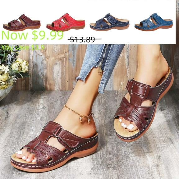 AXXD Brown Sandals for Women 9.5 Flat Arch-support Ladies Beach Orthopedic Summer Non-Slip Causal Sandals