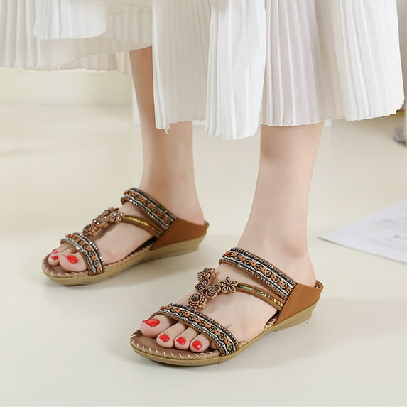 AXXD Brown Sandals for Women Clearance Under $10 Summer New Floral Rhinestone Flat Toe Over Boho Sandals Casual Beach