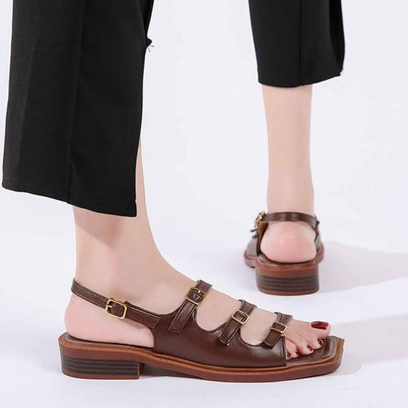 AXXD Brown Sandals for Women Clearance Under $10 Summer Sandals Casual One-button Flats