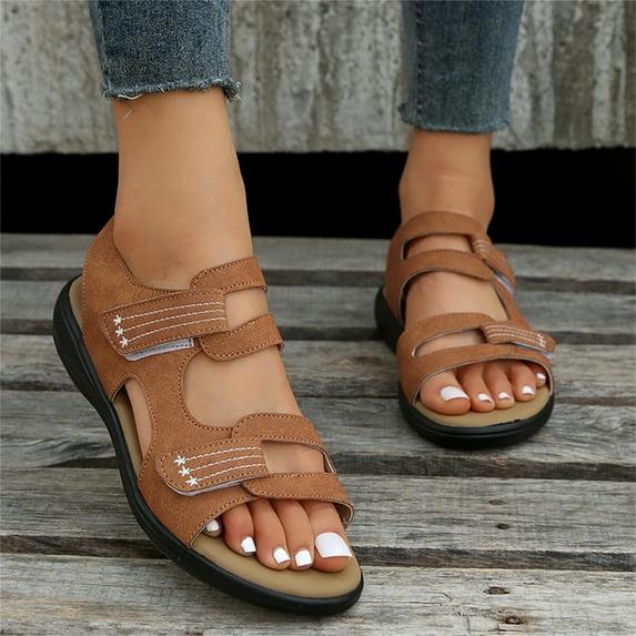 AXXD Brown Sandals for Women Summer Flat Bottom Striped Shoes Lightweight Beach Sandals Casual Shoes