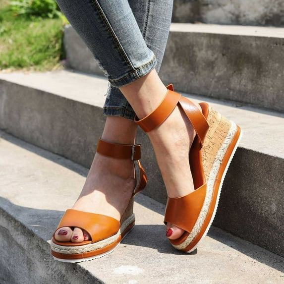 AXXD Brown Wedge Sandals for Women 7.5 Plus-size Summer Vintage Casual Fish Mouth One-line Buckle Sandals