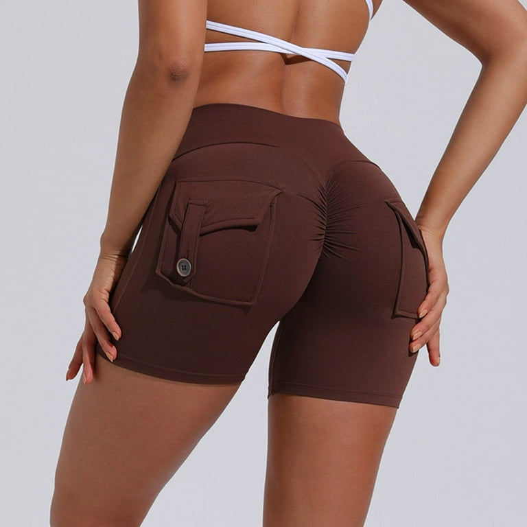 AXXD Brown Workout Shorts Womens Butt Lifting Summer Athletic Cargo Gym Pocket Sweatshorts Solid Color Hip Lift Fitness High Waist Stretch Exercise