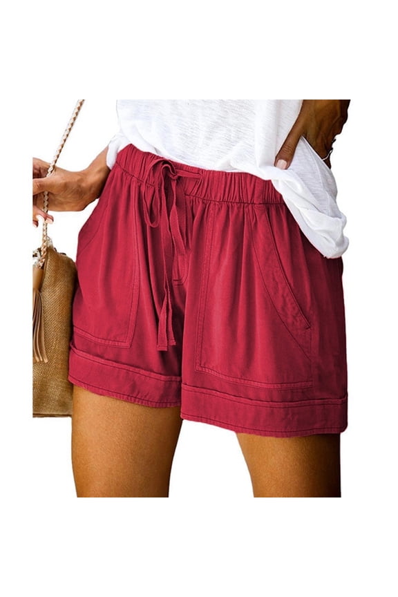 Shorts for Women,Ruffle Shorts,Comfy Drawstring Elastic Waist Pocket Loose Shorts Red 14